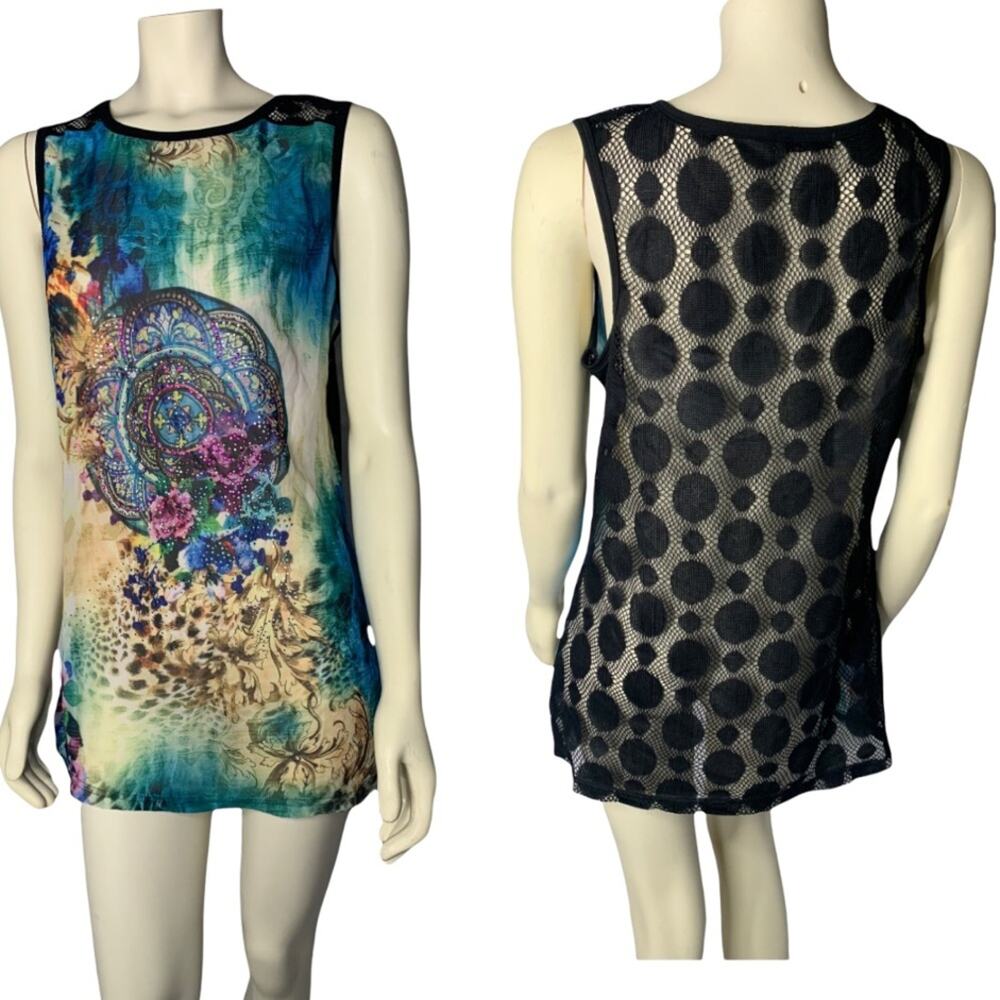 Bacci Medium colorful print sleeveless mini dress sheer mesh back